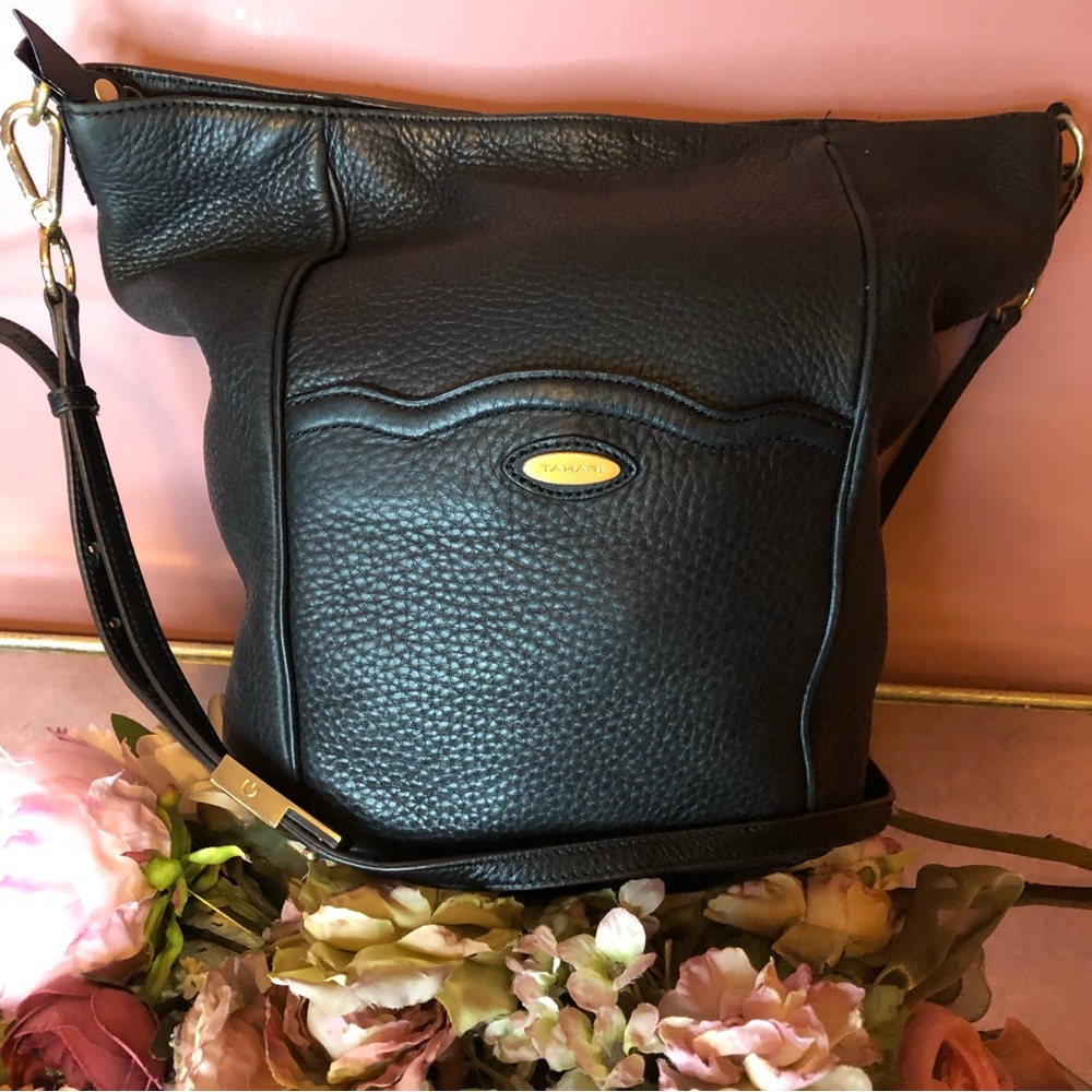 TAHARI black pebbled leather large convertible shoulder bag crossbody bag